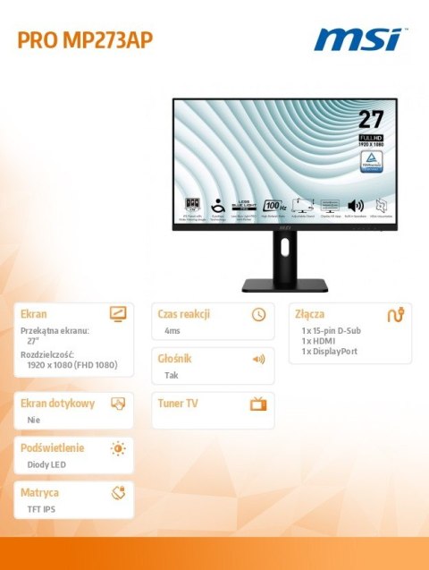 MSI Monitor 27 cali PRO MP273AP LED/FHD/Flat/100Hz/czarny