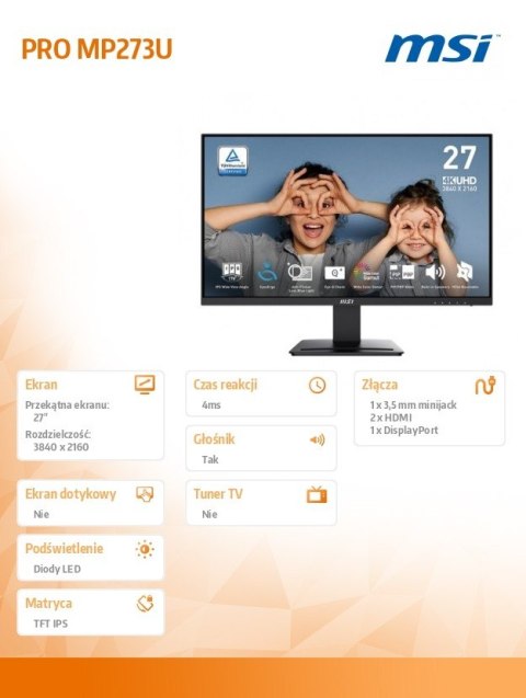 MSI Monitor 27 cali PRO MP273U LED/UHD/Flat/60Hz/czarny