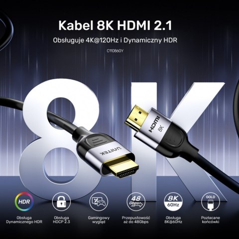 Unitek Kabel HDMI 2.1 8K 60Hz 1.5m; czarny; C11086GY01-1.5M Unitek Kabel HDMI 2.1 8K 60Hz 1.5m; czarny; C11086GY01-1.5M