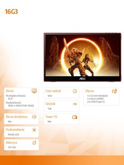AOC Monitor 16G3 15.6 cala IPS 144 Hz MicroHDMI USB-C AOC Monitor 16G3 15.6 cala IPS 144 Hz MicroHDMI USB-C