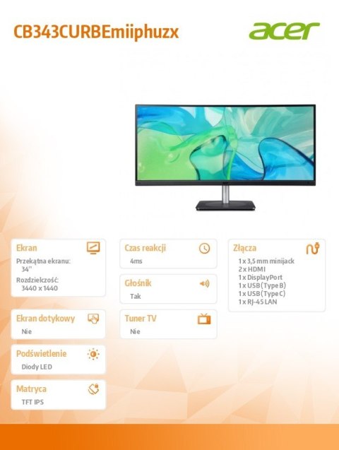 Acer Monitor 34 cale CB343CURBEmiiphuzx WQHD IPS 2HDMI