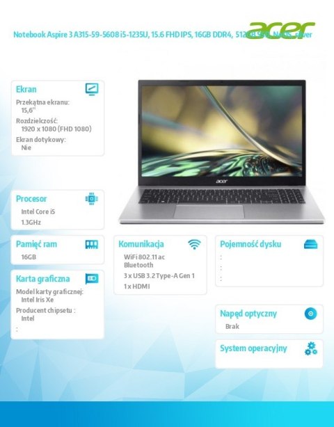 Acer Notebook Aspire 3 A315-59-5608 i5-1235U, 15.6 FHD IPS, 16GB DDR4, 512GB SSD, NoOS, silver