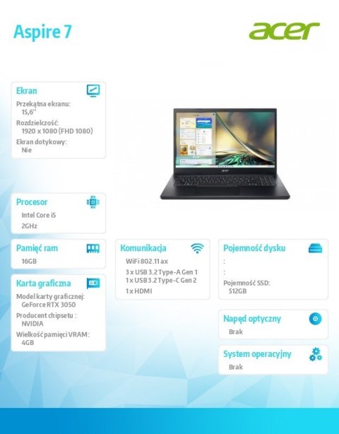 Acer Notebook Gaming Aspire 7 A715-76G-5303 i5-12450H, 15.6 FHD, 16GB, 512GB SSD, GeForce RTX 3050 4GB, NoOS, czarny