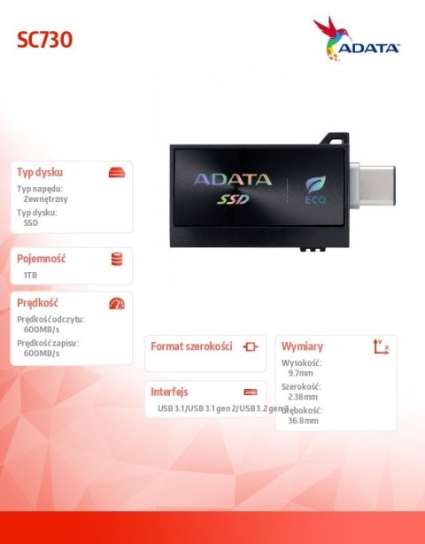 Adata Dysk zewnętrzny SSD SC730 1TB USB 3.2C/A 600/600MB/s czarny