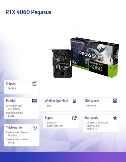 Gainward Karta graficzna RTX 4060 PEGASUS 8GB GDDR6 128bit 3DP/HDMI Gainward Karta graficzna RTX 4060 PEGASUS 8GB GDDR6 128bit 3DP/HDMI