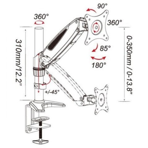 Techly Ramię biurkowe z amortyzatorem gazowym monitor 15-27cali, 8kg, srebrno-czarne Techly Ramię biurkowe z amortyzatorem gazowym monitor 15-27cali, 8kg, srebrno-czarne
