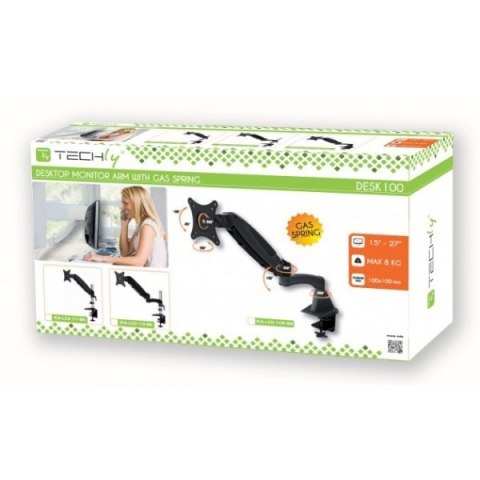 Techly Ramię biurkowe z amortyzatorem gazowym monitor 15-27cali, 8kg, srebrno-czarne Techly Ramię biurkowe z amortyzatorem gazowym monitor 15-27cali, 8kg, srebrno-czarne