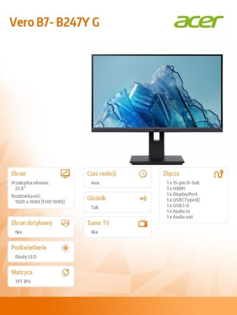 Acer Monitor 24 cale B247YGBMIPRZX IPS FHD HDMI VGA DP Acer Monitor 24 cale B247YGBMIPRZX IPS FHD HDMI VGA DP