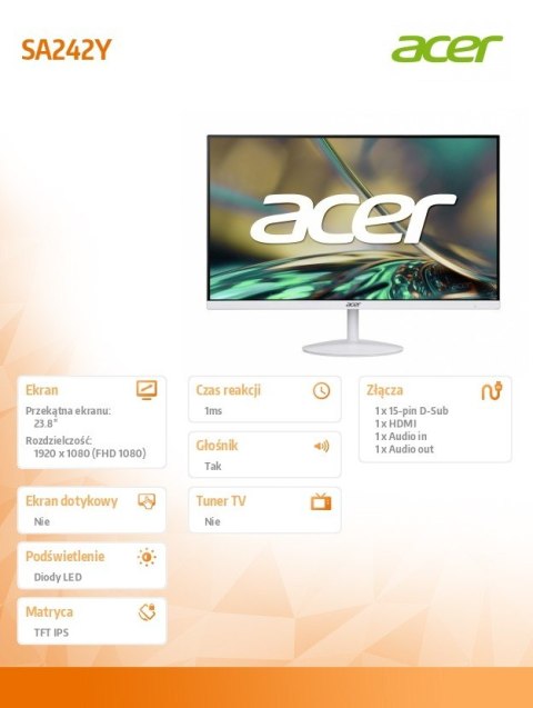 Acer Monitor 24 cale SA242YEWI IPS FHD 100Hz HDMI Biały
