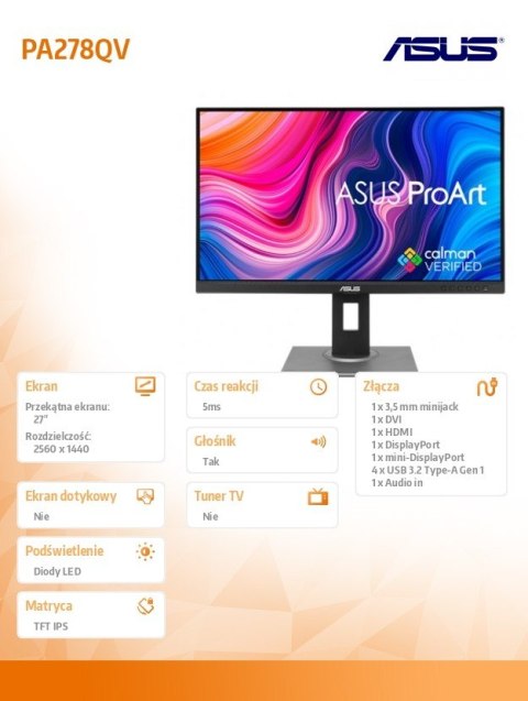Asus Monitor 27 cali PA278QV VY Asus Monitor 27 cali PA278QV VY
