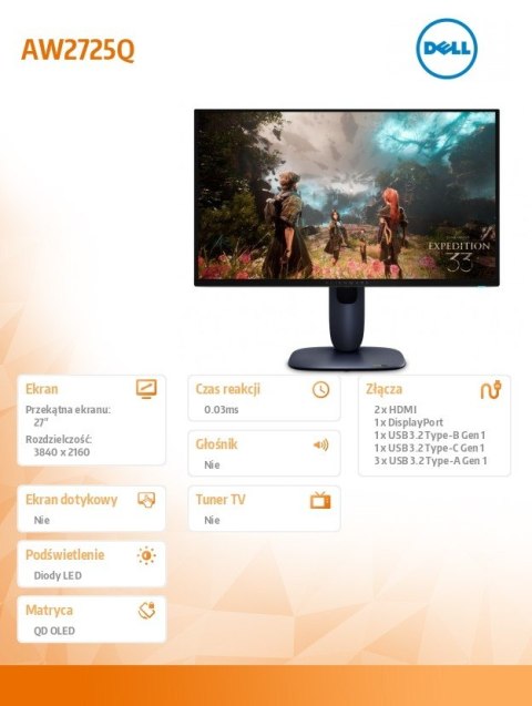 Dell Monitor Alienware AW2725Q 27.0 cali NVIDIA G-Sync Compatible 4K QD-OLED 240Hz/ DP/2xHDMI/USBC/3XUSB/3Y