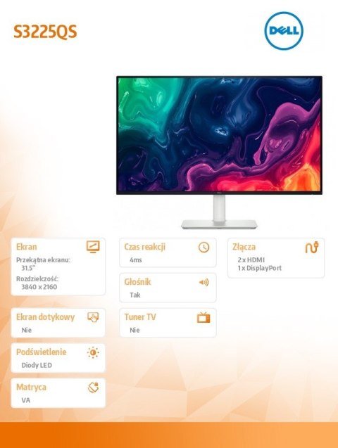 Dell Monitor S3225QS 31.5 cala VA 4K/HDMI/DP/Głośniki/3Y