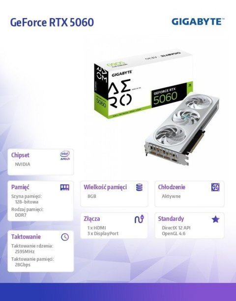 Gigabyte Karta graficzna GeForce RTX 5060 AERO OC 8G GDDR7 3DP/HDMI