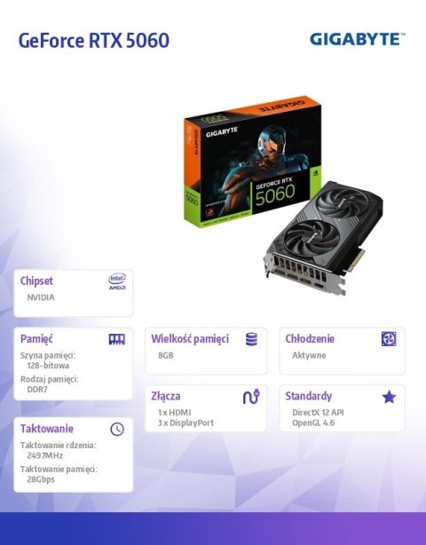 Gigabyte Karta graficzna GeForce RTX 5060 WINDFORCE 8G GDDR7 3DP/HDMI Gigabyte Karta graficzna GeForce RTX 5060 WINDFORCE 8G GDDR7 3DP/HDMI