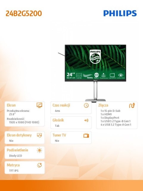 Philips Monitor 23.8 cala 24B2G5200 IPS 100Hz HDMI DP Pivot Głośniki Philips Monitor 23.8 cala 24B2G5200 IPS 100Hz HDMI DP Pivot Głośniki