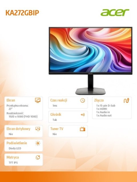 Acer Monitor 27 cali KA272GBIP FHD IPS HDMI DP 120Hz