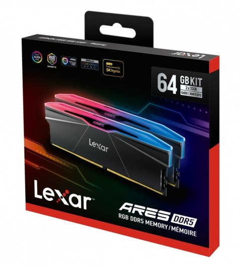 Lexar Pamięć DDR5 ARES RGB 64GB(2*32GB)/6400 CL32 czarna Lexar Pamięć DDR5 ARES RGB 64GB(2*32GB)/6400 CL32 czarna