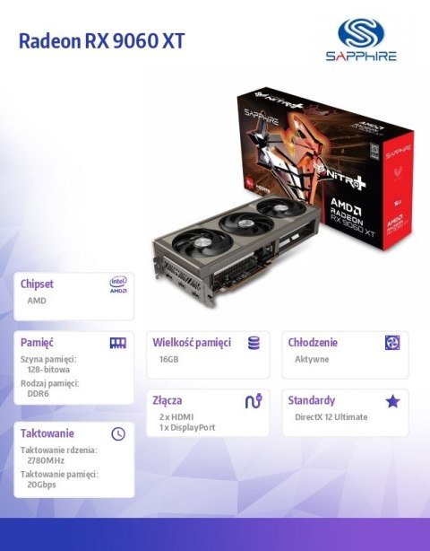 Sapphire Technology Karta graficzna Radeon RX 9060 XT NITRO+ 16GB GDDR6 128bit DP/2HDMI Sapphire Technology Karta graficzna Radeon RX 9060 XT NITRO+ 16GB GDDR6 128bit DP/2HDMI