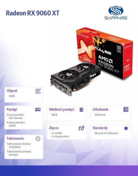 Sapphire Technology Karta graficzna Radeon RX 9060 XT PULSE 16GB GDDR6 128bit DP/2HDMI Sapphire Technology Karta graficzna Radeon RX 9060 XT PULSE 16GB GDDR6 128bit DP/2HDMI