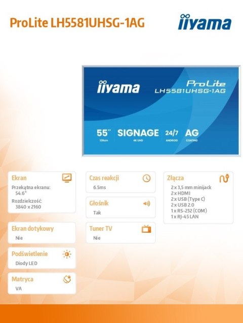 IIYAMA Monitor 55 cali LH5581UHSG-1AG 24/7,VA,ANDROID 14,4K, 2x10W, WiFi, UCHWYT CIENNY, 2xHDMI, USB-C, RJ45, IR, 2xUSB, WHITE