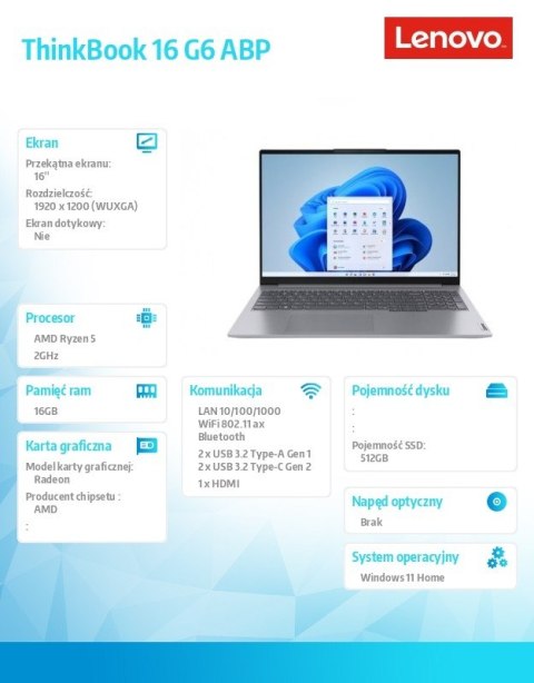 Lenovo Laptop ThinkBook 16 G6 21KK00B1PB W11 Home 7530U/16GB/512GB/INT/16.0 WUXGA/Arctic Grey/3YRS OS + CO2 Offset
