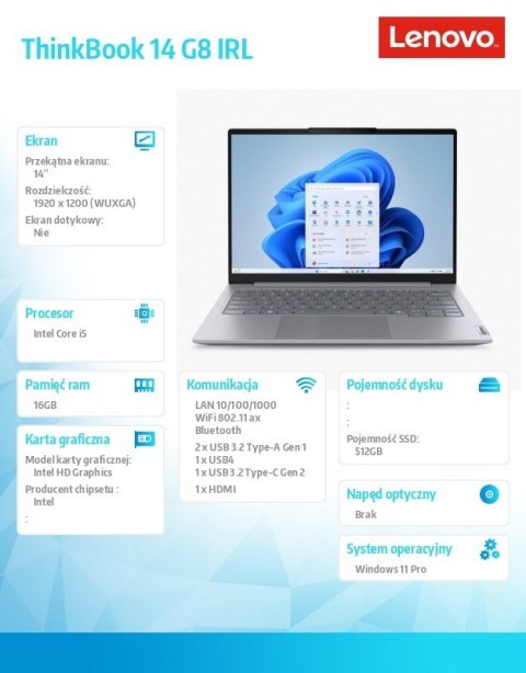 Lenovo Laptop ThinkBook 14 G8 21SG00H8PB W11Pro i5-13420H/16GB/512GB/INT/14.0 WUXGA/Luna Grey/3YRS OS + CO2 Offset