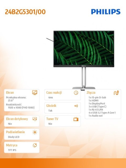 Philips Monitor 24B2G5301 23.8 cala IPS 100Hz HDMI DP RJ45 USB-C Pivot Głośniki