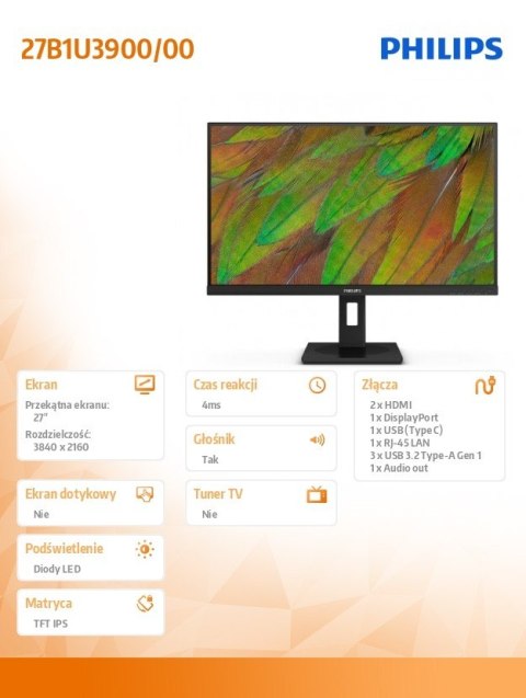 Philips Monitor 27B1U3900 27 cali IPS 4K HDMIx2 DP RJ45 USB-C Pivot Głośniki