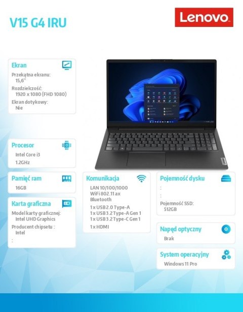 Lenovo Laptop V15 G4 83A100Q6PB W11Pro i3-1315U/16GB/512GB/INT/15.6 cala FHD/3YRS OS