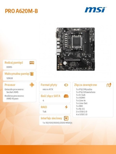 MSI Płyta główna PRO A620M-B AM5 2DDR5 HDMI/M2 mATX