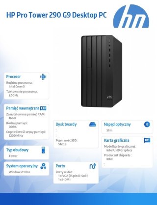 HP Inc. Komputer 290 Tower G9 i5-12400 512GB/16GB/W11P B6ZA8ET