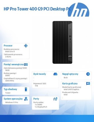 HP Inc. Komputer Pro Tower 400 G9 PCI i5-14500 1TB/16/W11P 9H7N0ET