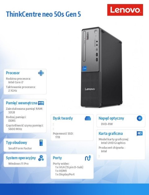 Lenovo Komputer ThinkCentre Neo 50s G5 SFF 12XF002CPB W11Pro i7-14700/32GB/1TB/INT/DVD/3YRS OS