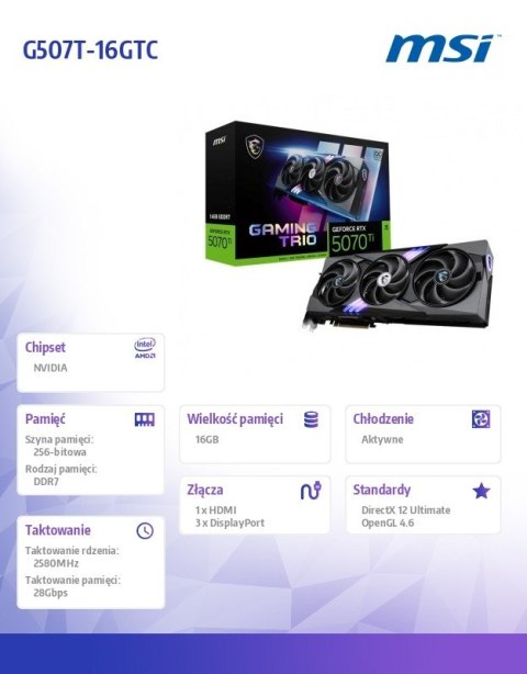 MSI Karta graficzna GeForce RTX 5070 Ti 16G GAMING TRIO OC GDDR7 256bit HDMI/3DP