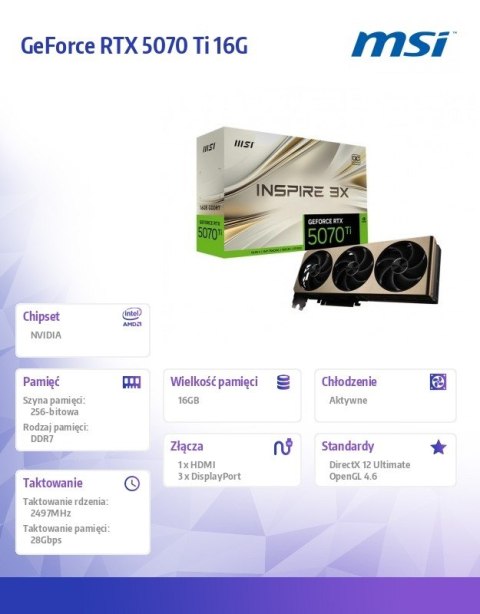 MSI Karta graficzna GeForce RTX 5070 Ti 16G INSPIRE 3X OC PLUS GDDR7 256bit