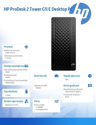HP Inc. Komputer ProDesk 2 Tower G1i E i5-14400 512GB/16GB/W11P B6ZD1ET