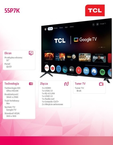 TCL Telewizor LED 55 cali 55P7K