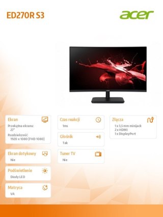 Acer Monitor 27 cali Nitro ED270R S3 BMIIPX CURVED/180Hz/1ms