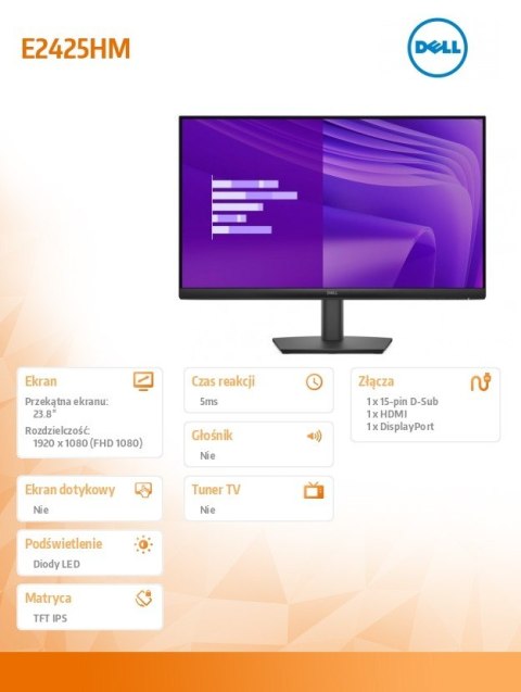 Dell Monitor E2425HM 23.8 cala IPS LED Full HD (1920x1080)/16:9/DP/HDMI/VGA/3Y