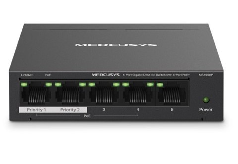 TP-LINK Przełącznik Mercusys MS105GP 5-Port Gigabit Desktop Switch with 4-Port PoE+ PORT: 4× Gigabit PoE+ Ports, 1× Gigabit Non