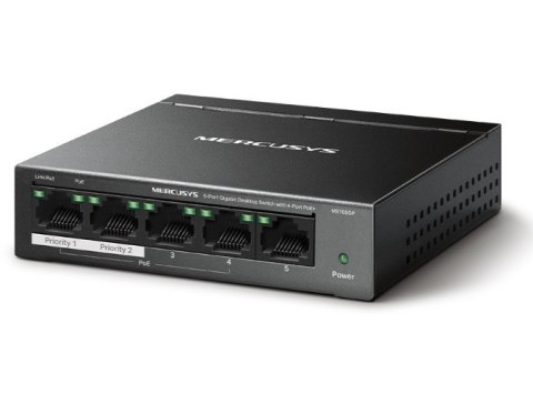 TP-LINK Przełącznik Mercusys MS105GP 5-Port Gigabit Desktop Switch with 4-Port PoE+ PORT: 4× Gigabit PoE+ Ports, 1× Gigabit Non