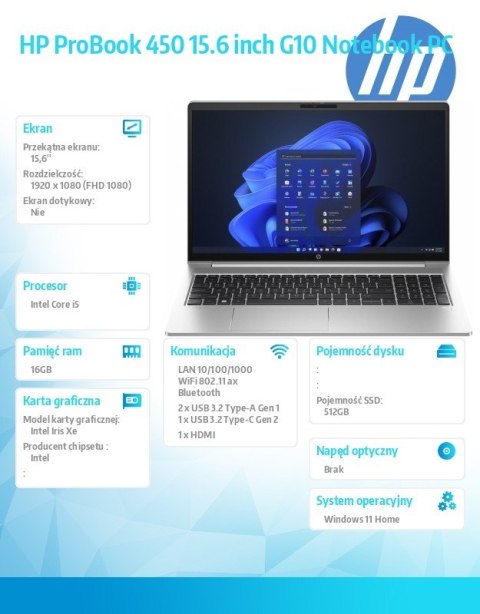 HP Inc. Laptop ProBook 450 G10 i5-1334U 512GB/16GB/W11H/15.6 AD1R9ET