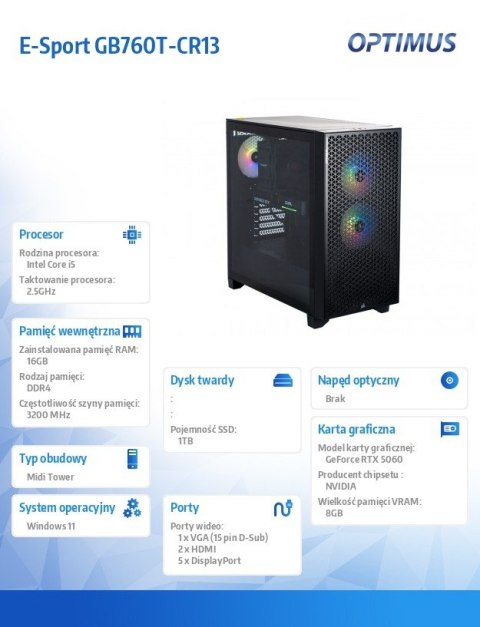 OPTIMUS Komputer E-Sport GB760T-CR18 i5-14400F/16GB/1TB/RTX 5060 8GB/W11