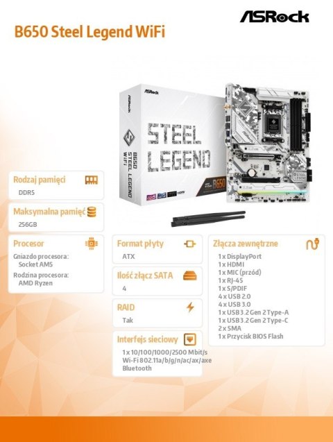 ASRock Płyta główna B650 STEEL LEGEND WIFI AM5 4DDR5 HDMI/DP M.2 ATX
