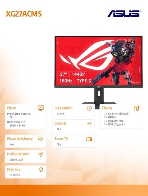 Asus Monitor 27 cali XG27ACMS ROG DP HDMI USB-C 0.3MS