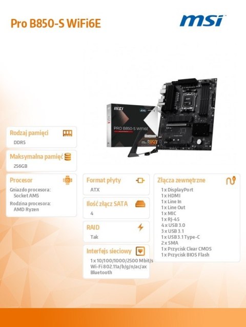MSI Płyta główna PRO B850-S WIFI6E AM5 4DDR5 ATX