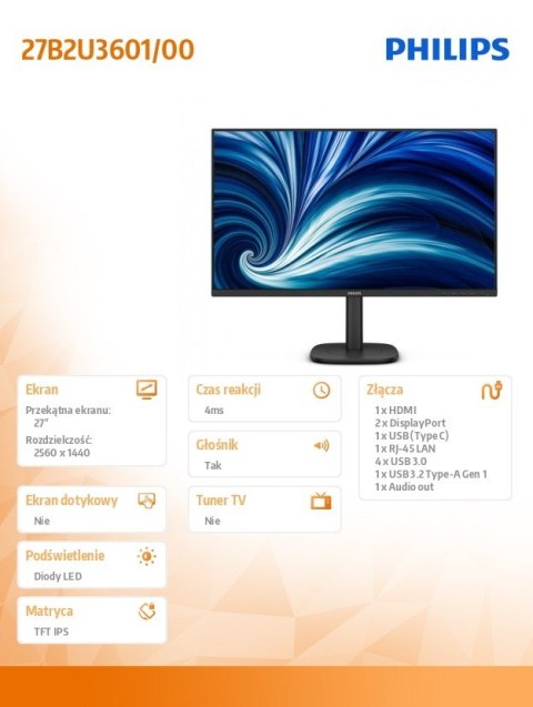 Philips Monitor 27B2U3601 27 cali IPS 120Hz HDMI DP RJ45 USB-C Pivot