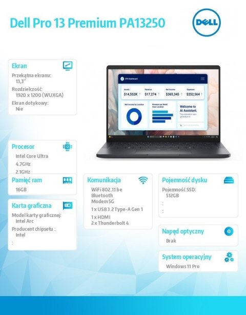 Dell Laptop Dell Pro 13 Premium PA13250 W11P U5-236V/16GB/512GB SSD CL35/13.3 FHD+/Arc/FgrPr/Cams&Mic/5G WWAN+BT/BcklKb/3C/vPro/3YPS 