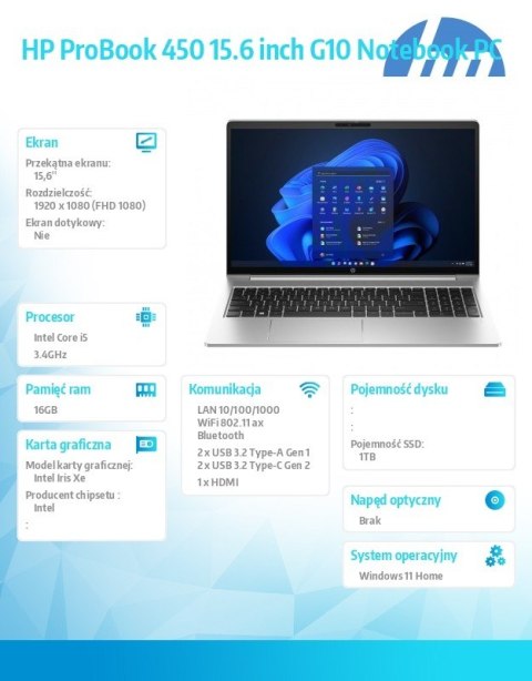 HP Inc. Notebook 450 G10 i5-1334U 512GB/16GB/W11H/15,6 cali AD1G6ET