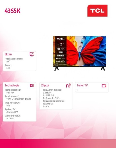 TCL Telewizor QLED 43 cale 43S5K